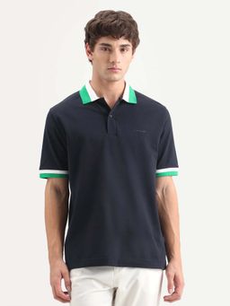 Rare Rabbit - Navy Blue Cotton Regular Fit Plain Polo T-Shirt
