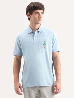 Rare Rabbit - Blue Cotton Blend Regular Fit Plain Polo T-Shirt