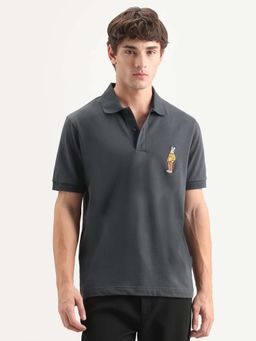 Rare Rabbit - Charcoal Cotton Blend Regular Fit Plain Polo T-Shirt
