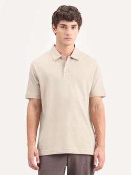 Rare Rabbit - Beige Cotton Regular Fit Plain Polo T-Shirt