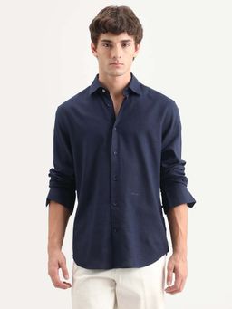 Rare Rabbit - Navy Blue Linen Blend Regular Fit Plain Shirt