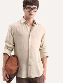 Rare Rabbit - Khaki Linen Blend Regular Fit Plain Shirt