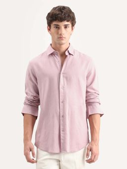Rare Rabbit - Pink Linen Blend Regular Fit Plain Shirt