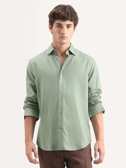 Rare Rabbit - Green Linen Blend Regular Fit Plain Shirt