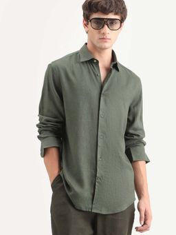 Rare Rabbit - Green Linen Blend Regular Fit Plain Shirt