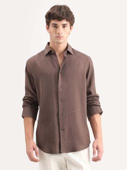 Rare Rabbit - Brown Linen Blend Regular Fit Plain Shirt