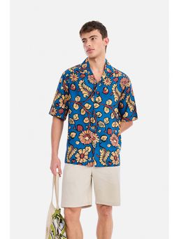 Snitch - Blue Floral Half Sleeves Oversized Resort/Vacation Shirt for Men