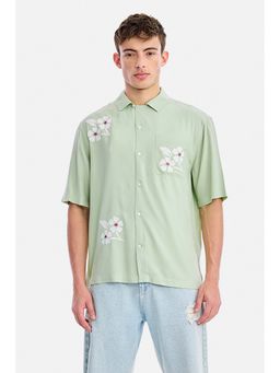 Snitch - Sage Green Embroidery Half Sleeves Oversized Shirt for Men