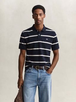 GANT - Men Navy Blue Striped Organic Cotton Polo T-Shirt