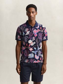 GANT - Men Navy Blue Printed Cotton Polo T-Shirt