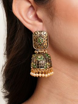 Karatcart - Antique Gold Plated Floral Green Studded Jhumki Earrings for Women
