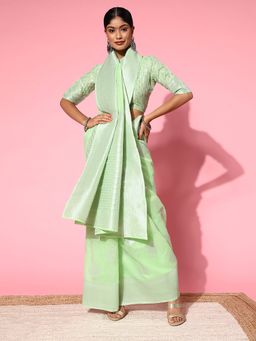 Akhilam - Womens Pure Linen Green Woven Design Woven Saree with Unstitched Blouse