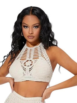 BRACHY - Womenswhite Hollow Out Tie Backless Beach Halter Crochet Padded Bra