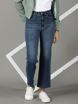 SHOWOFF - Women's Non Stretchable Low Distress Navy Blue Straight Fit Jeans