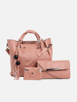 Haute Sauce - Women's Pink Solid Vegan Leather Tote Bag-Sling Bag and Pouch with Detachable Chain