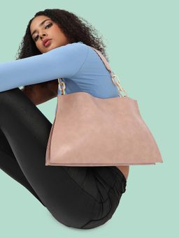 Haute Sauce - Women's Pink Solid Vegan Leather Handbag and Pouch with Detachable Strap