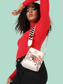 Haute Sauce - Women's White Printed Vegan Leather Sling Bag