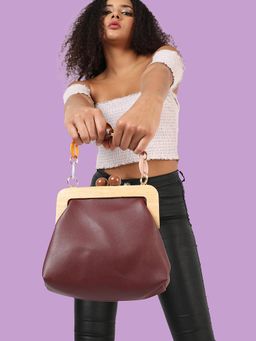 Haute Sauce - Women's Maroon Solid Vegan Leather Handbag with Detachable Chain