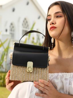 Haute Sauce - Women's The Small Straw-Madecin Handbag with Detachable Strap - Onyx Black