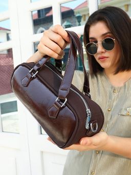 Haute Sauce - Women's The Small Retro Bowling Handbag with Detachable Strap - Coffee Brown