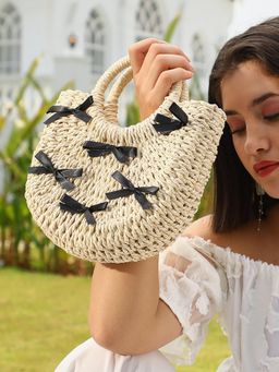 Haute Sauce - Women's The Bow-Straw Handbag with Detachable Strap - Desert Sand