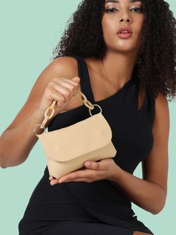 Haute Sauce - Women's Beige Solid Vegan Leather Handbag with Detachable Strap