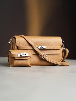 Haute Sauce - Women's The Overlap-Curve Sling Bag With Pouch - Tan Brown