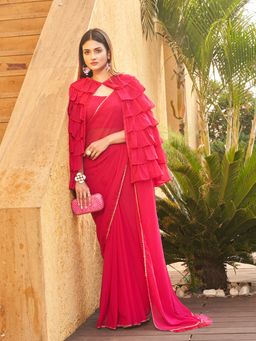 Tikhi Imli - Pink Colored Polyester Georgette Saree with Ruffled Cape with Unstitched Blouse