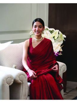 Dressfolk - Handwoven Tissue Rich Red With Coin Beads Border Saree With Matching Unstitched Blouse