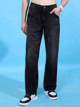 HIGHLANDER - Black Pure Cotton Mid Waist Regular Fit Straight Leg Solid Jeans