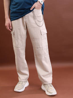 HIGHLANDER - Cream Pure Cotton Mid Waist Regular Fit Straight Leg Solid Jeans