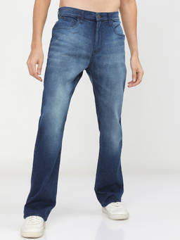 HIGHLANDER - Indigo Cotton Blend Mid Waist Bootcut Fit Straight Leg Solid Jeans