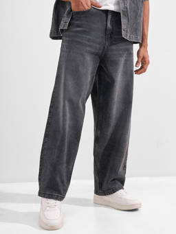 HIGHLANDER - Grey Cotton Lycra Mid Waist Loose Fit Straight Leg Solid Jeans