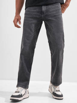 HIGHLANDER - Grey Cotton Lycra Mid Waist Regular Fit Straight Leg Solid Jeans