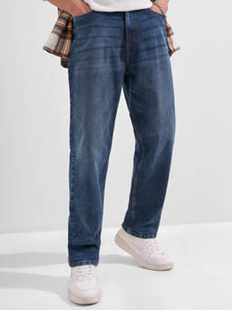 HIGHLANDER - Blue Cotton Lycra Mid Waist Relaxed Fit Straight Leg Solid Jeans