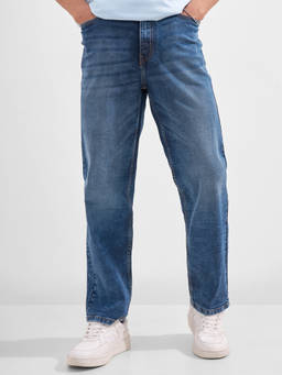 HIGHLANDER - Blue Cotton Lycra Mid Waist Straight Fit Straight Leg Solid Jeans