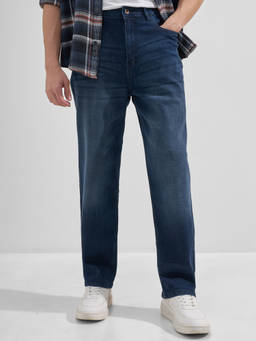 HIGHLANDER - Blue Cotton Lycra Mid Waist Relaxed Fit Straight Leg Solid Jeans