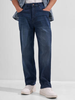 HIGHLANDER - Blue Cotton Lycra Mid Waist Relaxed Fit Straight Leg Solid Jeans