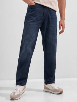 HIGHLANDER - Blue Cotton Lycra Mid Waist Relaxed Fit Straight Leg Solid Jeans