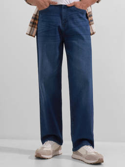 HIGHLANDER - Blue Cotton Lycra Mid Waist Loose Fit Straight Leg Solid Jeans