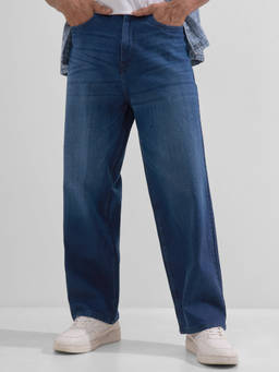 HIGHLANDER - Blue Cotton Lycra Mid Waist Loose Fit Straight Leg Solid Jeans
