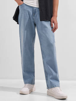 HIGHLANDER - Blue Cotton Lycra Mid Waist Relaxed Fit Straight Leg Solid Jeans