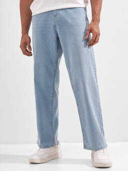HIGHLANDER - Blue Cotton Lycra Mid Waist Loose Fit Straight Leg Solid Jeans