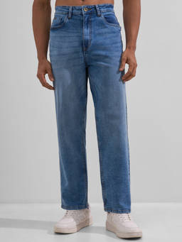 HIGHLANDER - Blue Cotton Lycra Mid Waist Relaxed Fit Straight Leg Solid Jeans