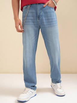 HIGHLANDER - Blue Pure Cotton Mid Waist Straight Fit Straight Leg Solid Jeans