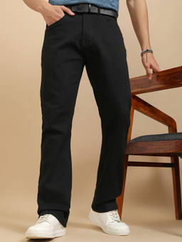HIGHLANDER - Black Cotton Blend Mid Waist Bootcut Fit Straight Leg Solid Jeans