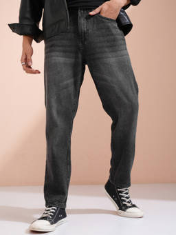 HIGHLANDER - Grey Pure Cotton Mid Waist Relaxed Fit Straight Leg Solid Jeans