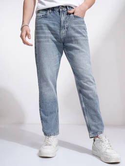 HIGHLANDER - Blue Pure Cotton Mid Waist Relaxed Fit Straight Leg Solid Jeans