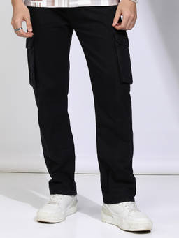 HIGHLANDER - Black Pure Cotton Mid Waist Straight Fit Straight Leg Solid Jeans