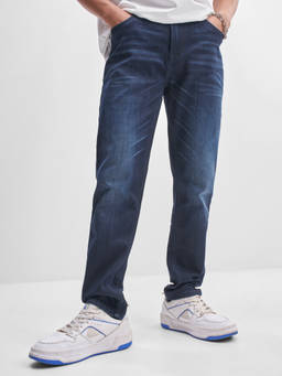 HIGHLANDER - Blue Cotton Blend Mid Waist Slim Fit Straight Leg Solid Jeans